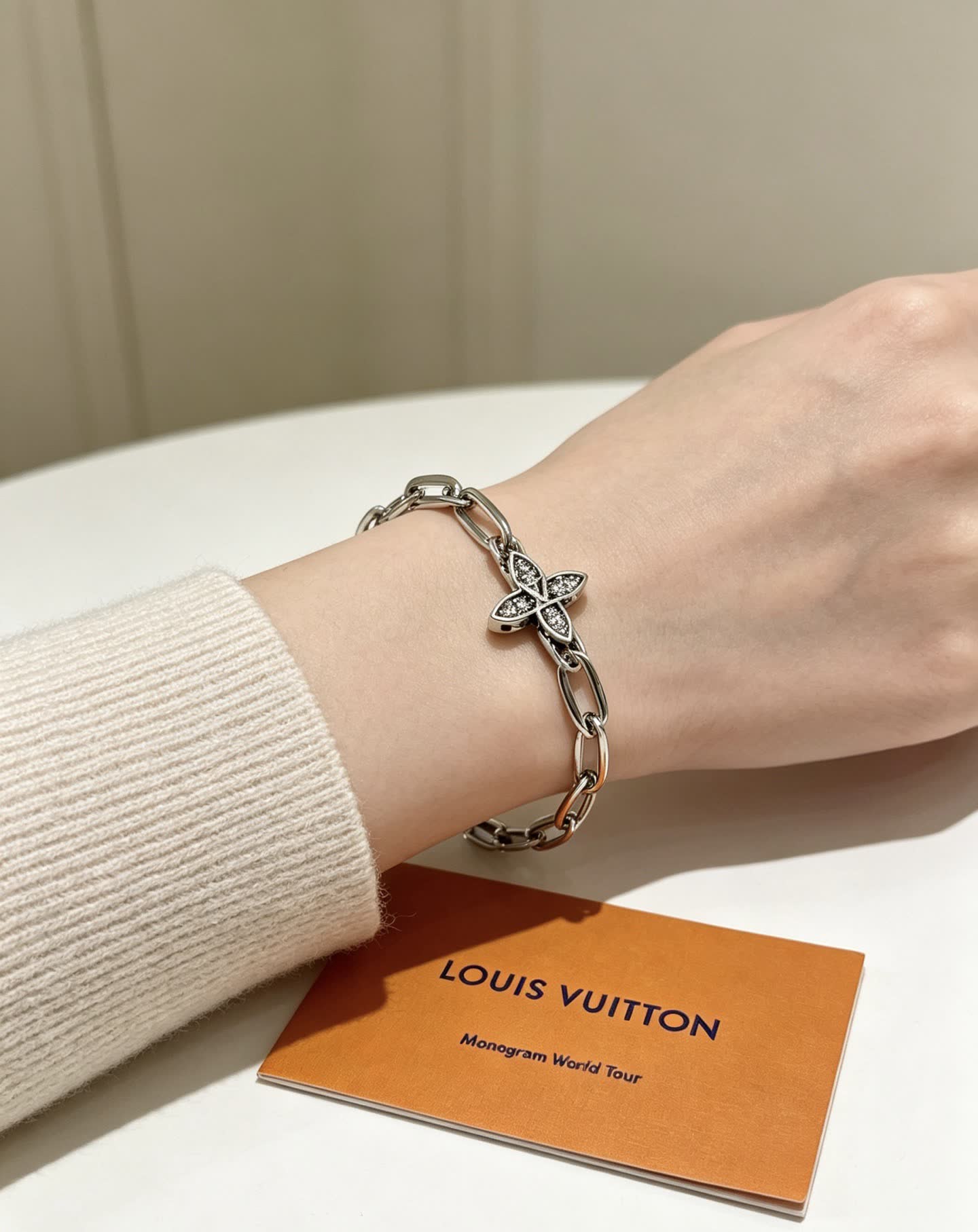 Louis Vuitton Silver Bracelet with Monogram Flower Charm